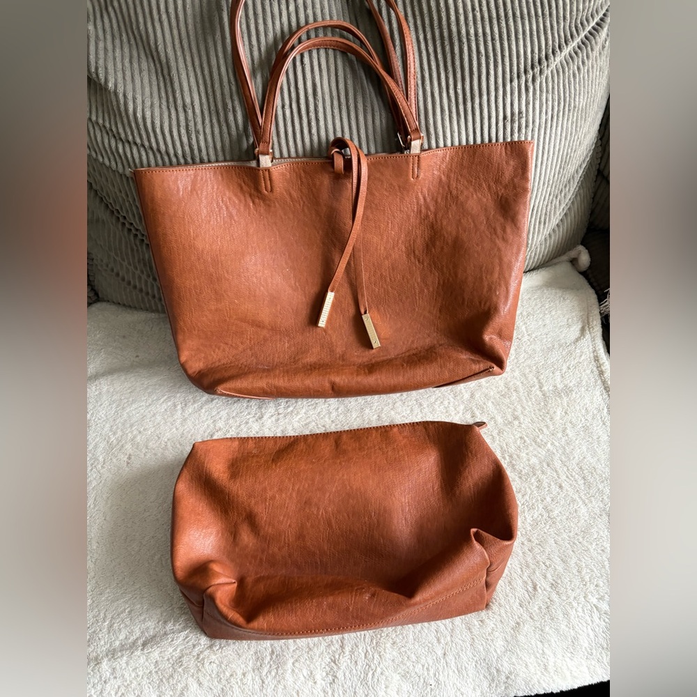 Large brown leather tote bag set